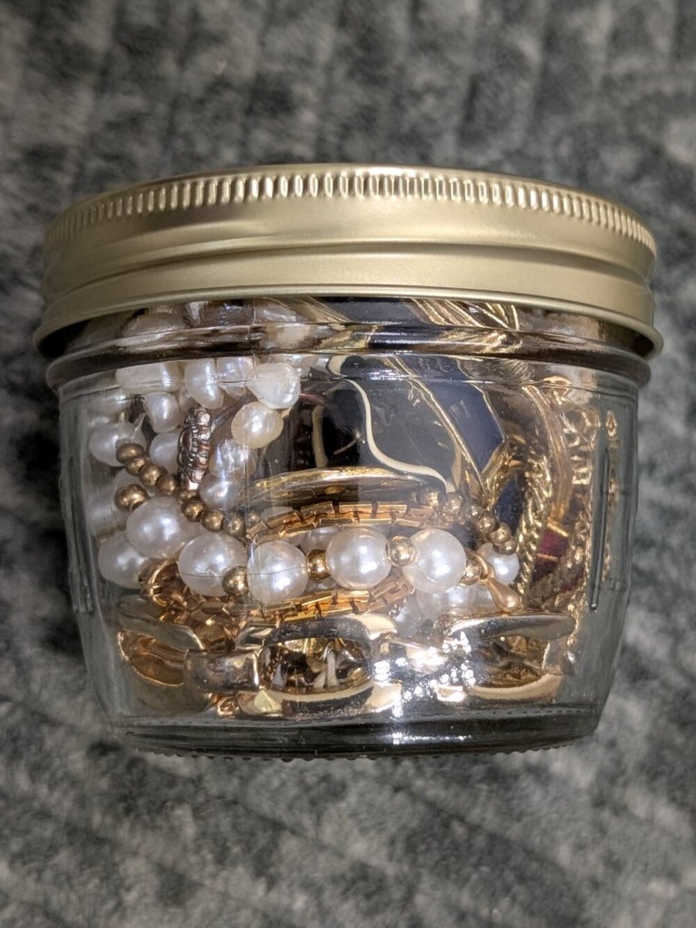 Half Pint Mystery Jewelry Jar Lot Gold Toned Pearl Feminine Mixed Variety Bundle